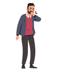 Sick character. Health care and treatment. Man with fever and covid illness symptoms, patient sneeze and cough. Unhealthy boy blowing nose. Infectious respiratory diseases. Cartoon vector illustration