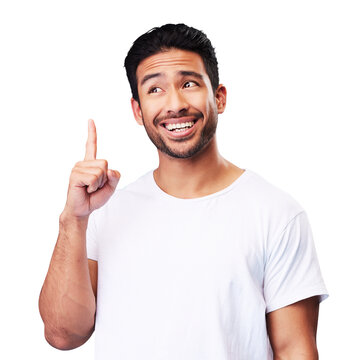 Pointing, idea and thinking with face of man on png for brainstorming, solution and presentation. Happiness, smile and promotion with Asian person isolated on transparent background for show and sign