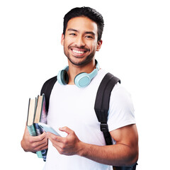 Isolated student man, phone and texting with books, portrait or smile for chat by transparent png background. Young guy, smartphone and social media app with backpack for education, learning or blog