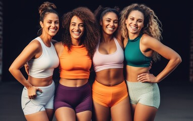 Female fitness friends smiling and standing togethe
