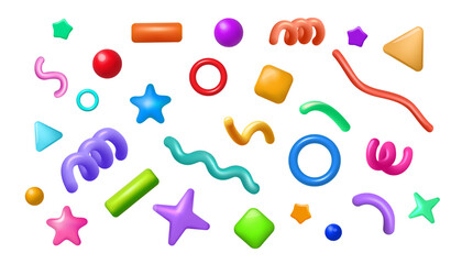 3d confetti. Glossy geometrical isolated on white elements. Birthday party colorful icons, celebrate firecracker render, festive ribbons and fun stars, minimal shapes. Vector render set