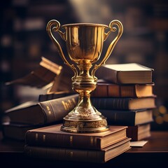 golden trophy on top stack of book
