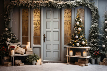 Fototapeta na wymiar Entrance door to the house, decoration for Christmas exterior