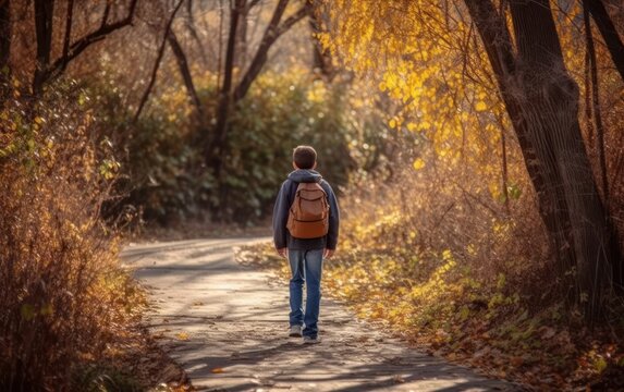 Teenager boy with backpack walking on path in autumn park, rear view