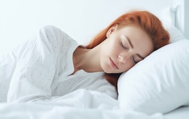 Fototapeta na wymiar Woman sleeping on bed. white light background