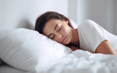 Obraz na płótnie Canvas Woman sleeping on bed. white light background