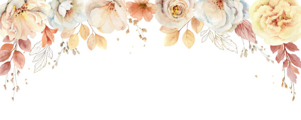 Watercolor vector fall foliage banner with soft light blush roses and leaves.