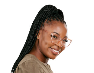 Black woman, glasses portrait and smile with vision and casual style with gen z fashion and...