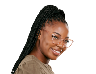 Black woman, glasses portrait and smile with vision and casual style with gen z fashion and confidence. Happy, female person and African model from Nigeria isolated on transparent, png background