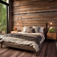Modern bedroom interior with warm wood tone