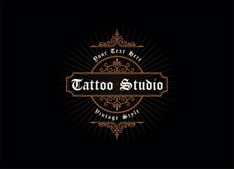 Vintage frame logo. Antique label. Suitable for tattoo studio, barber shop, whiskey label, wine, beer, brewing, salon, shop, signage.