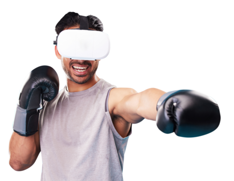 Isolated boxer man, virtual reality glasses or punch in gloves, metaverse or esports by transparent png background. Athlete guy, boxing and ar vision for mma training, workout and futuristic exercise
