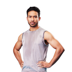 Portrait, fitness and man with sweat after exercise isolated on transparent png background in gym....