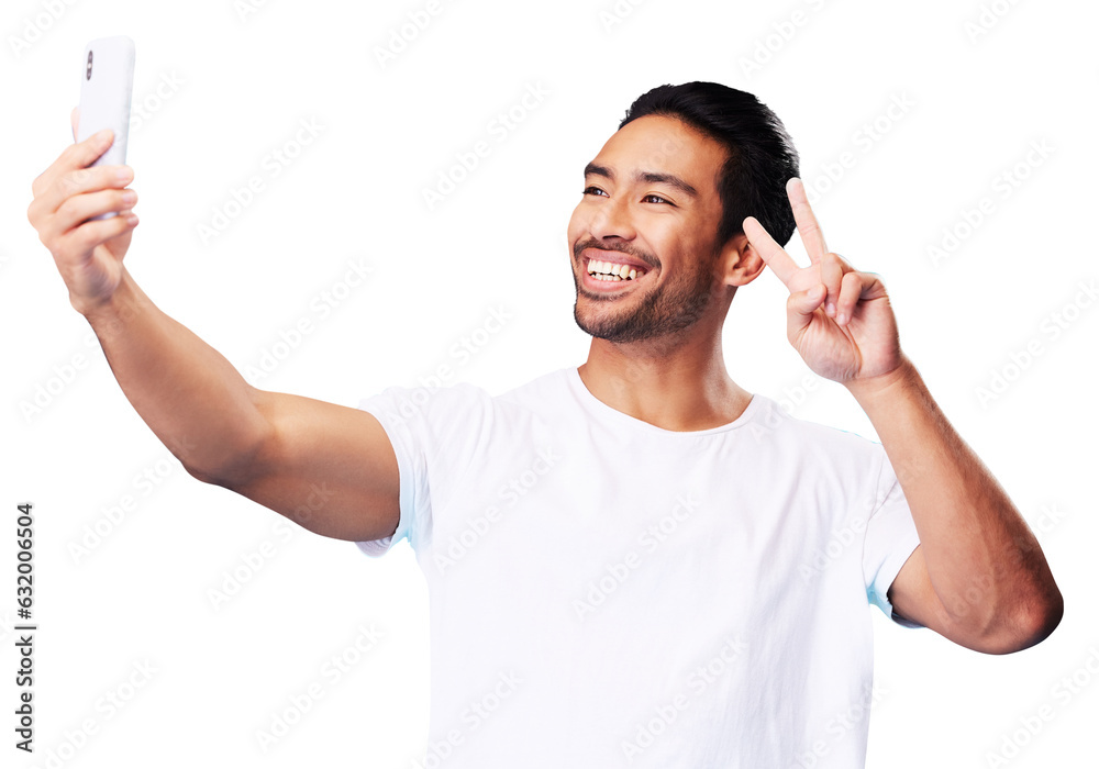 Poster man, smile and peace for selfie isolated on a transparent png background for fun, live streaming and