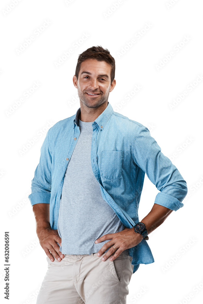 Poster isolated man, smile and confident in portrait with casual trendy style by transparent png background