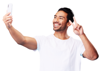 Man, smile and peace for selfie isolated on a transparent png background for fun, live streaming and vlog. Happy asian model, profile picture and show v sign, hand emoji and memory for social media