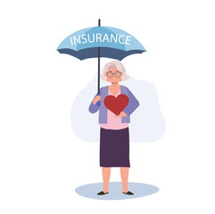 Insurance Coverage concept. Senior Woman with Big Heart Shielded with Umbrella of Security. Flat vector cartoon illustration