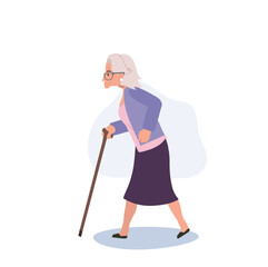Fototapeta premium Confident Granny , elderly woman is Walking with cane Stick. Active outdoor lifestyle. Flat vector cartoon illustration