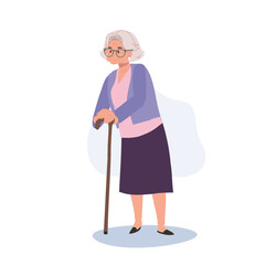  Smiling Elderly Lady with Cane stick. Elderly Smiling Woman, Grandmother Lifestyle. Flat vector cartoon illustration