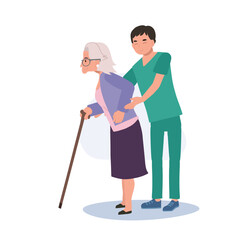 Healthcare Concept. Elderly Grandmother Walking Assistance by Happy Male Nurse in Uniform. Flat vector cartoon illustration
