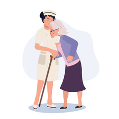 Healthcare Concept. Elderly Grandmother Walking Assistance by Happy female Nurse in Uniform.