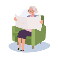 Elderly Woman Enjoying Tranquil Reading of Newspaper on Cozy Couch. Flat vector cartoon illustration