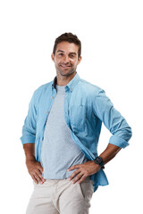 Isolated man, smile and confident in portrait with casual trendy style by transparent png...