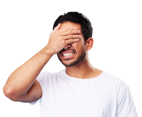 Scared, covering eyes and man isolated on transparent png background for fear, anxiety or angry with mistake. Mental health, fail and male person with hands on face, frustrated and crisis problem.