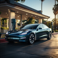white background,a smart lamppost charging an autonomous car through charging cable.Generative AI.