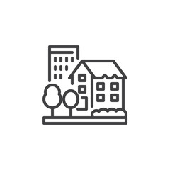 City buildings and trees line icon