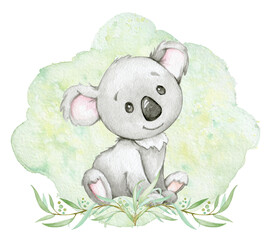 A koala sits on a green watercolor background, and eucalyptus branches, a cartoon-style watercolor clipart on an isolated background.