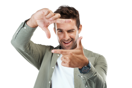 Man, portrait and hands frame for photography, profile picture and winking on isolated, transparent and png background. Face, smile and happy creative photographer with perspective fingers in border - Powered by Adobe