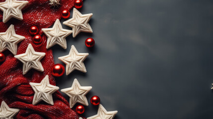 Cozy sweater texture with holiday-themed ornaments and stars 