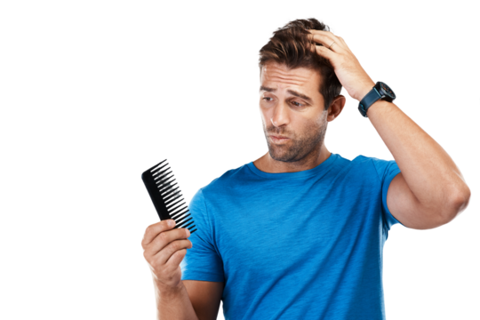 Isolated man, brush and thinking for hair loss, stress and worry for alopecia by transparent png background. Guy, shock and male pattern baldness with anxiety for ageing, cosmetics or scalp wellness