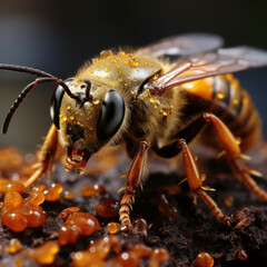 Ultra close up macro shot of bee, realistic quality, arthropod , closer eyes , documentary-like,generative AI