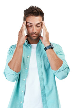 Migraine, fatigue or man with headache stress, brain fog or burnout isolated on transparent png background. Exhausted, tired face or dizzy person frustrated or worried by head pain, anxiety or crisis