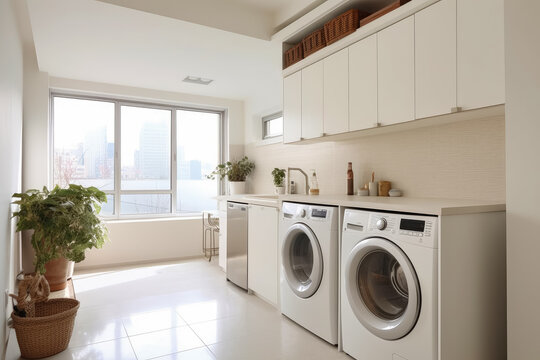 Interior clean white laundry room with front load washer and dryer units , Generative Ai Technology