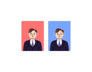 Passport photo. Photo illustration of a man wearing formal attire with a red and blue background. handsome and cool. wear a suit and tie. Flat and minimalist illustration design. vector elements