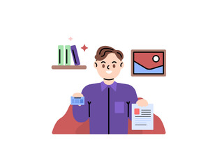 A man holding an identity card and document paper. Posing and taking selfies for registration purposes. wearing a purple shirt. handsome and cool. formal wear. Flat and minimalist illustration design