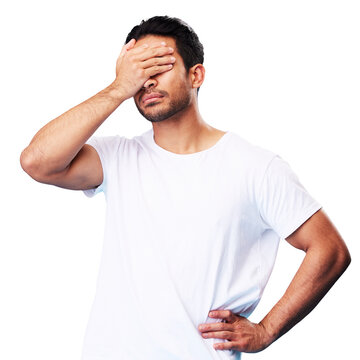 Man, face palm and mistake isolated on transparent png background with regret, anxiety or fail. Sad male model cover eyes to hide from stress, frustrated and shame of depression, crying and reaction