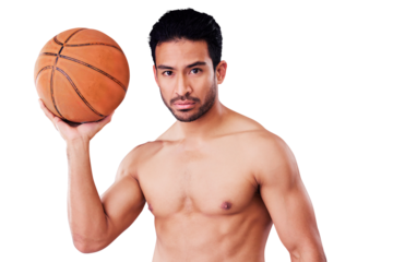 Isolated topless man, basketball player and portrait with muscle, health and fitness by transparent png background. Young athlete, sports and training with ball for exercise, competition or workout