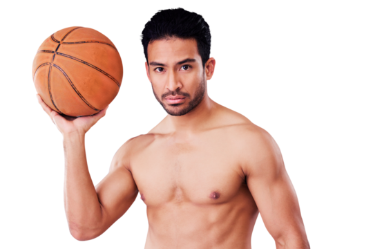 Isolated topless man, basketball player and portrait with muscle, health and fitness by transparent png background. Young athlete, sports and training with ball for exercise, competition or workout