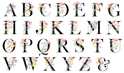 Letter set, floral alphabet with watercolor flowers and leaf. Monogram initials perfectly for wedding invitation, greeting card, logo, poster. Holiday decoration hand painting. © Larisa