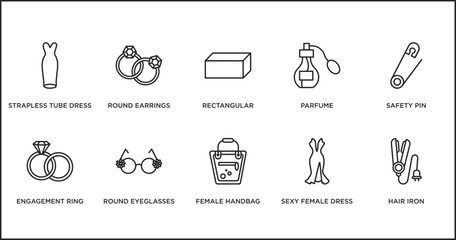 woman clothing outline icons set. thin line icons such as rectangular, parfume, safety pin, engagement ring, round eyeglasses, female handbag, sexy female dress vector.