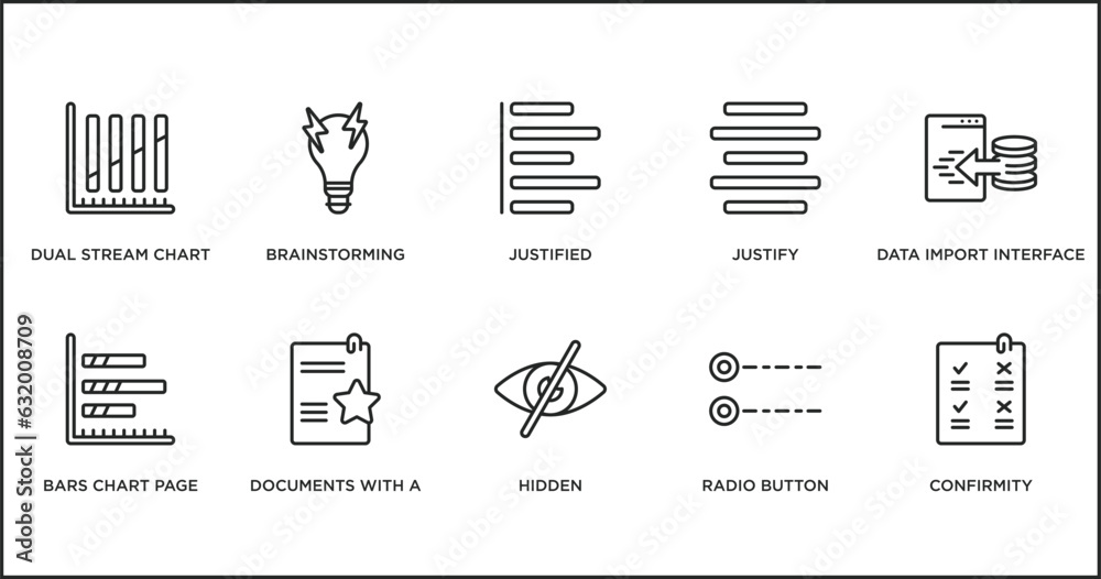 Poster user interface outline icons set. thin line icons such as justified, justify, data import interface,