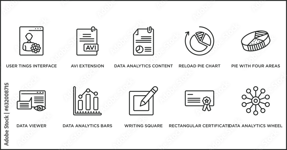 Poster user interface outline icons set. thin line icons such as data analytics content, reload pie chart, 