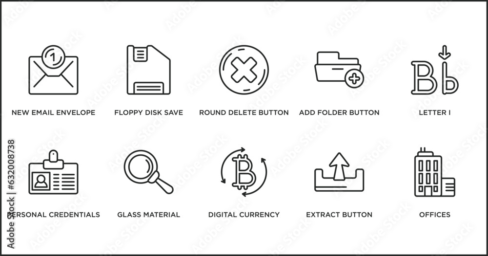 Poster user interface outline icons set. thin line icons such as round delete button, add folder button, le