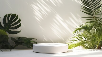 white round shape stage backdrop with tree leaf tropical nature decorating frame on green background advertisment template mock up design,ai generate