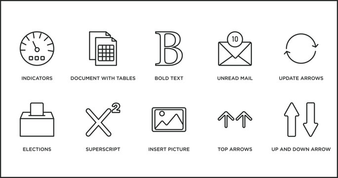 user interface outline icons set. thin line icons such as bold text, unread mail, update arrows, elections, superscript, insert picture, top arrows vector.