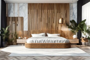 wooden and white interior of a bedroom 
Created using generative AI tools
